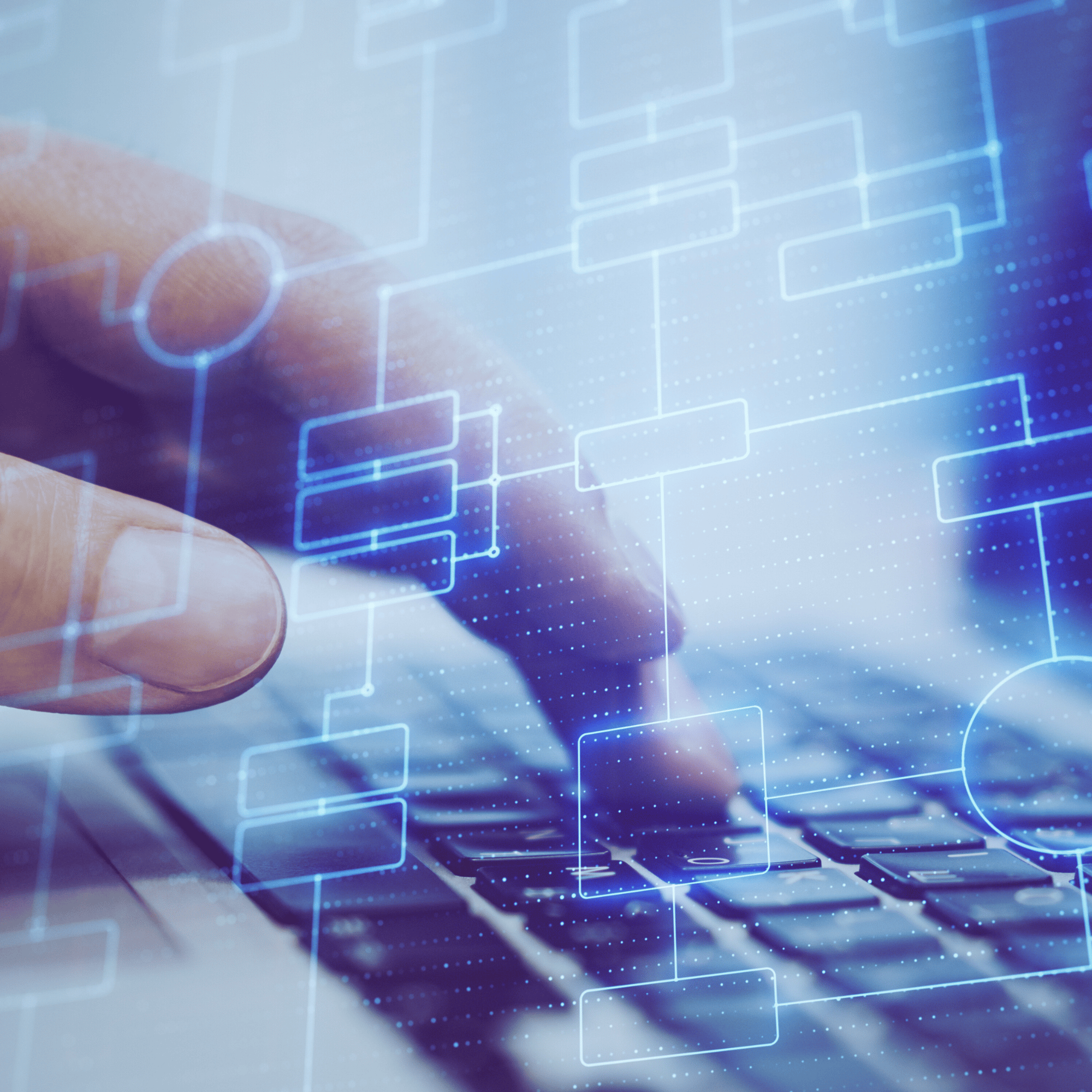 Close up of a hand typing on a keyboard with an overlay of tech visuals
